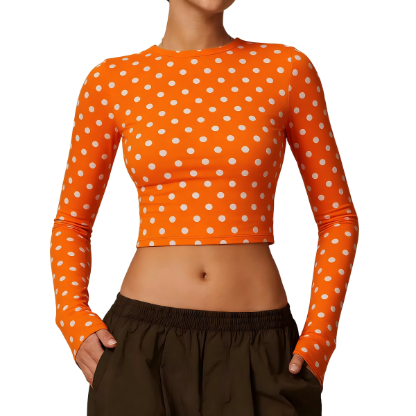 Playful Orange Polka Dot Long Sleeve Crop Top