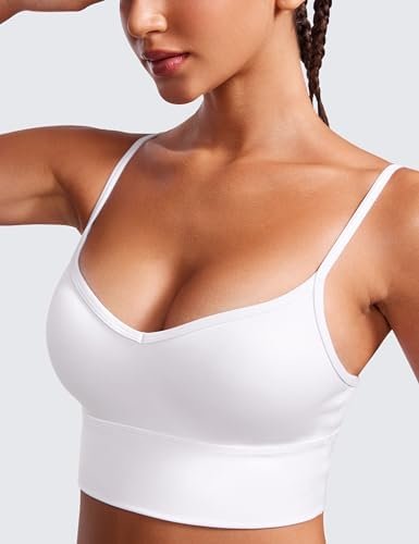 Womens Sweetheart Longline Sports Bra - V Neck Adjustable Thin Strap Yoga Bra Camisole Padded Crop Top