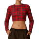 Classic Red Plaid Long Sleeve Crop Top