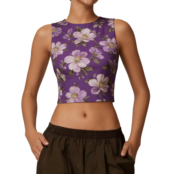 Purple Floral Sleeveless Crop Top